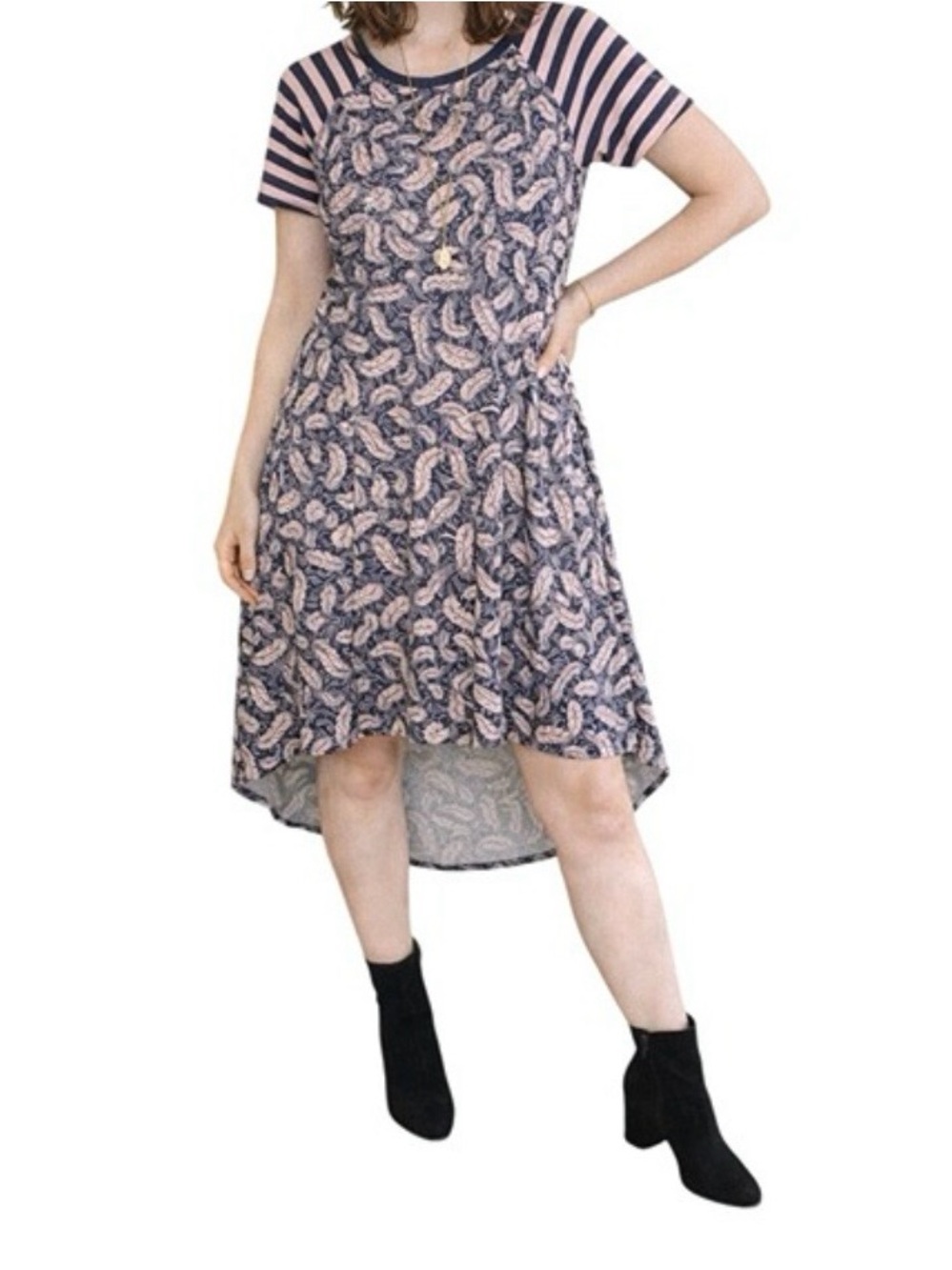 LuLaRoe Carly High-Low Dress: feather print Striped Raglan Sleeves - Navy & Pink